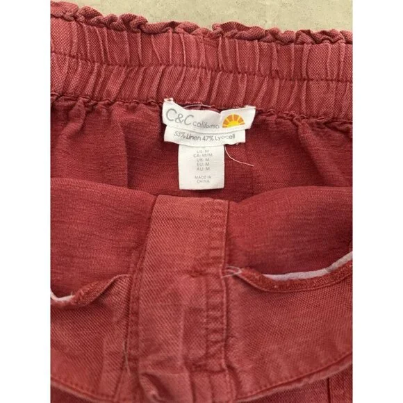 C&C California Women’s Red Button Front Skirt Size M Linen Blend Tie Waist - Picture 4 of 6